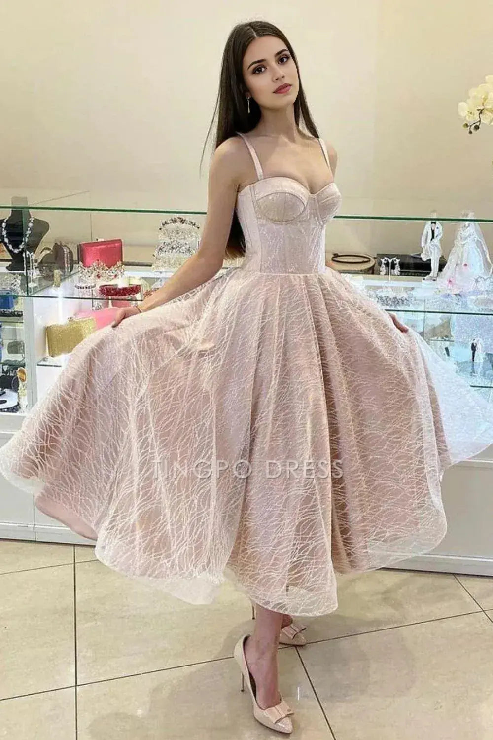 TingPo Wholesale Elegant Gorgeous A-line Spaghetti Straps Glitter Homecoming Dress formal wear dresses